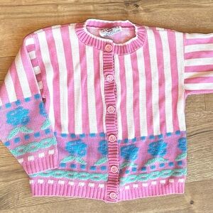Vintage JJ Poole Pink Floral Cottagecore Knit Cardigan Sweater Girl Size 12